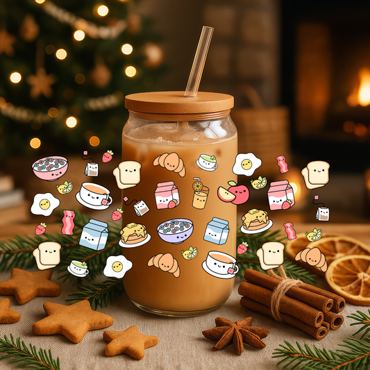 16oz Glass Libbey Cup - Smiley Jelly Plushie Breakfast Design