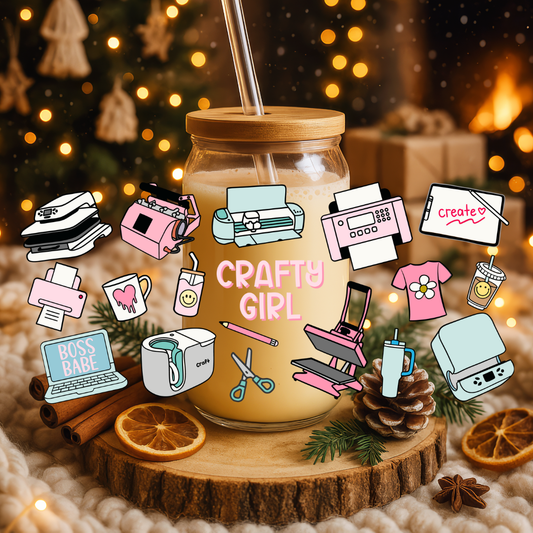 16oz Glass Libbey Cup - Crafty Girly Design