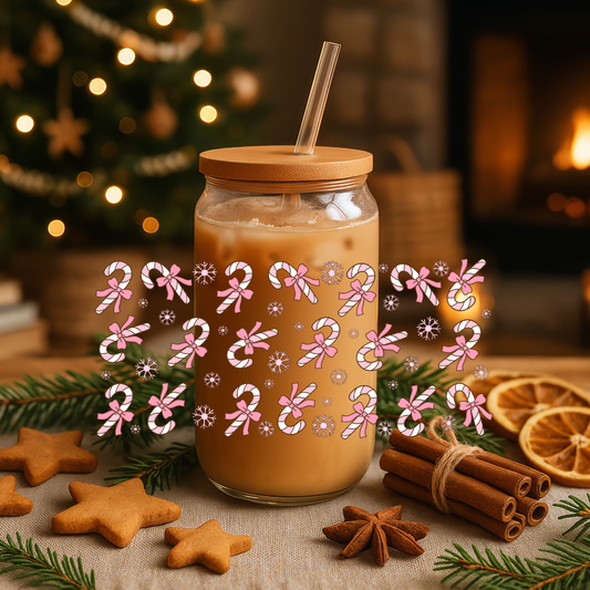 16oz Glass Libbey Cup - Pink Candy Cane & Snowflake Design